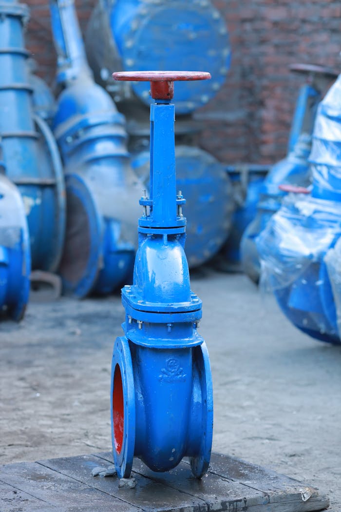 Close-up of a large blue industrial valve in a warehouse setting with metal pipes.